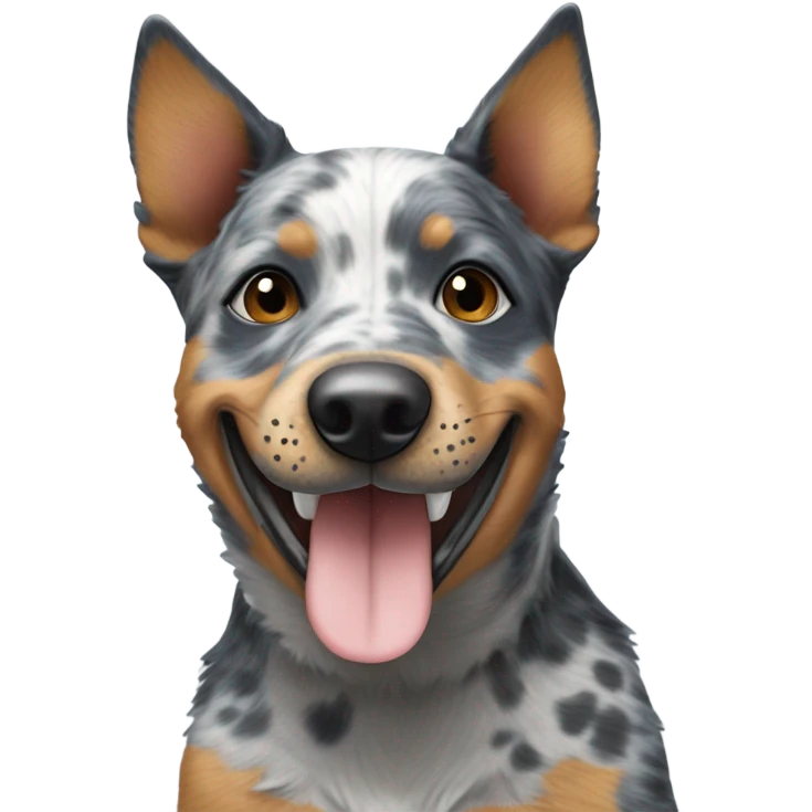 Blue specked Australian cattle dog with one ear down smiling  emoji