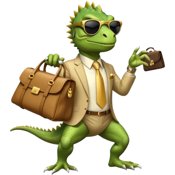 capitalist iguana banker godfather with black sunglasses breakdance with bag emoji