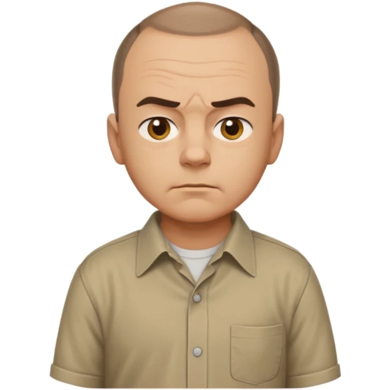 Sling Blade's Carl, serious, chin out, slouched, no glasses, collared shirt, three-quarter back view, full body, standing, head extended forward, emoji style emoji
