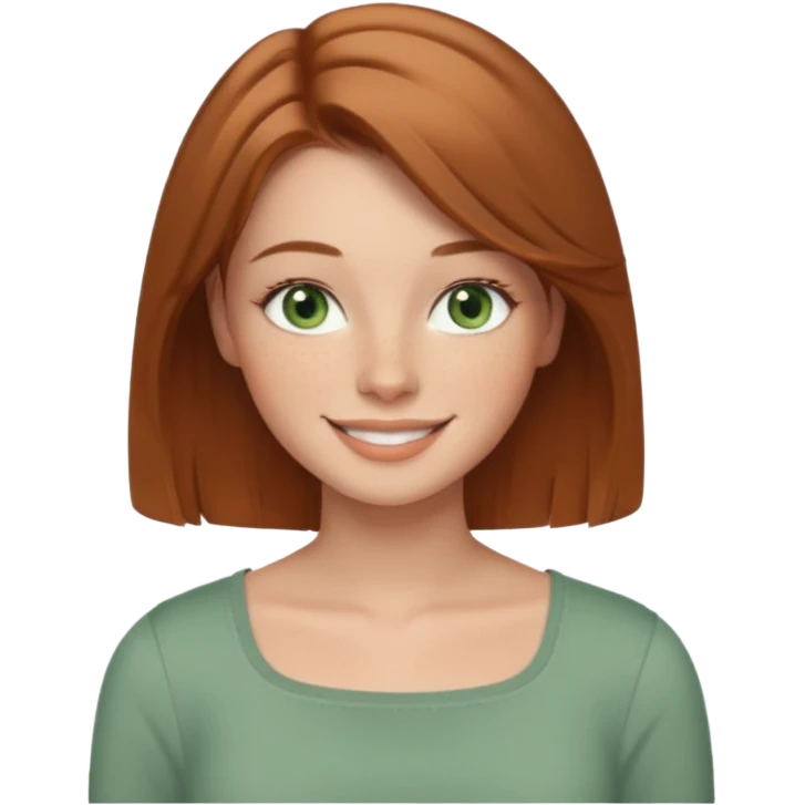 emoji of a woman named Freya McOmish, smiling, green eyes, light brown hair, subtle freckles, modern casual style, wearing a square neck top emoji