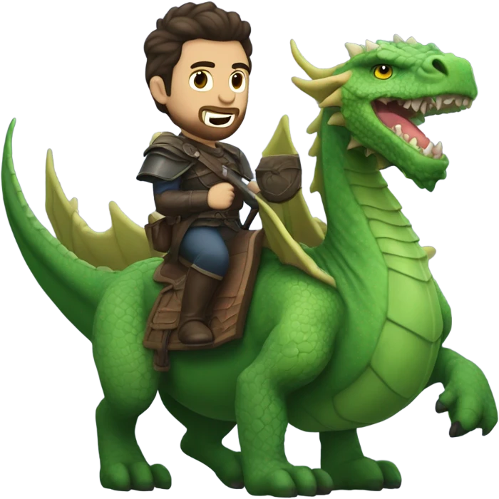 Determined armored White Man with dark brown pompadour hair and a short beard riding on the back of a giant green dragon emoji