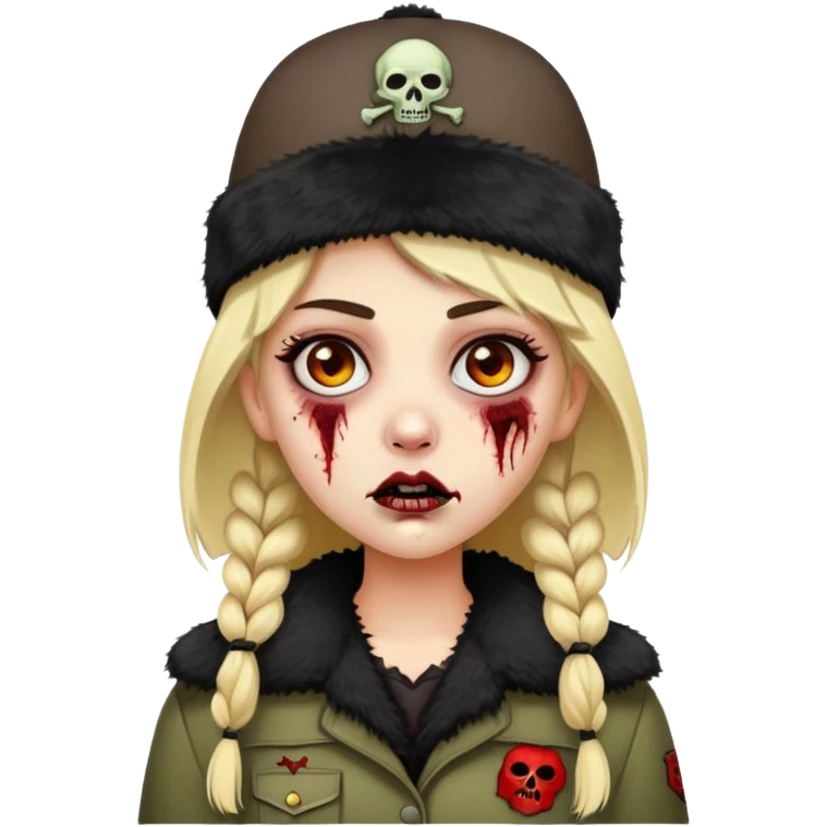faça um emoji COM UMA GAROTA de cabelos castanhos escuros, branca, com sobrancelhas loiras, olhos pretos, com uma ushanka na cabeça e estilo zumbi emoji