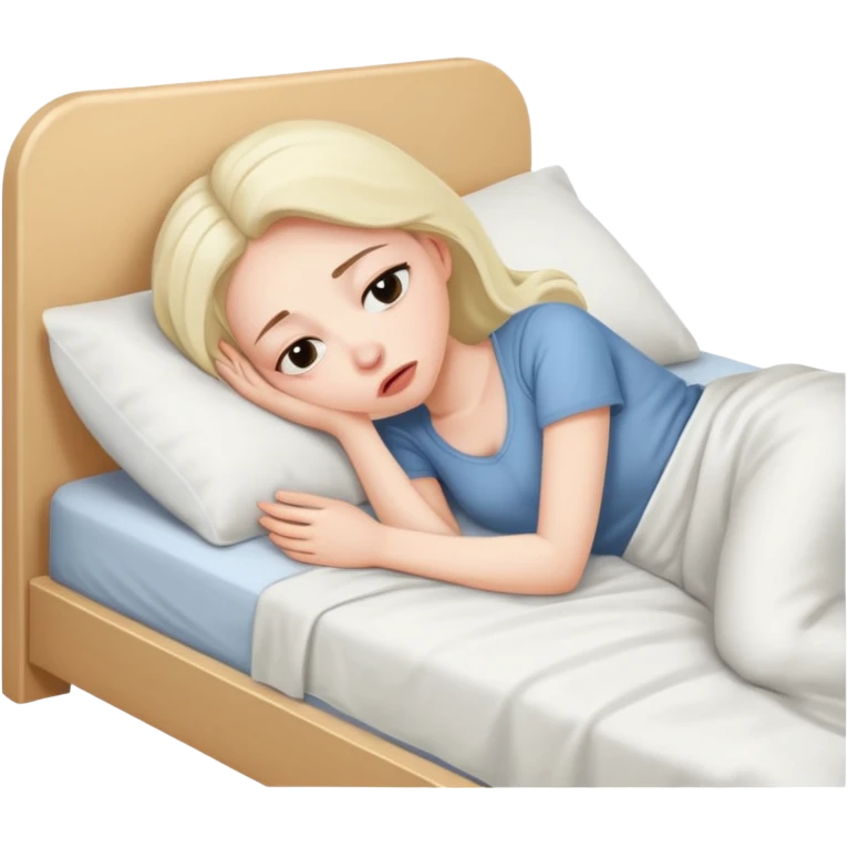 A woman lying in bed cannot fall asleep. She is really tired and exhausted emoji