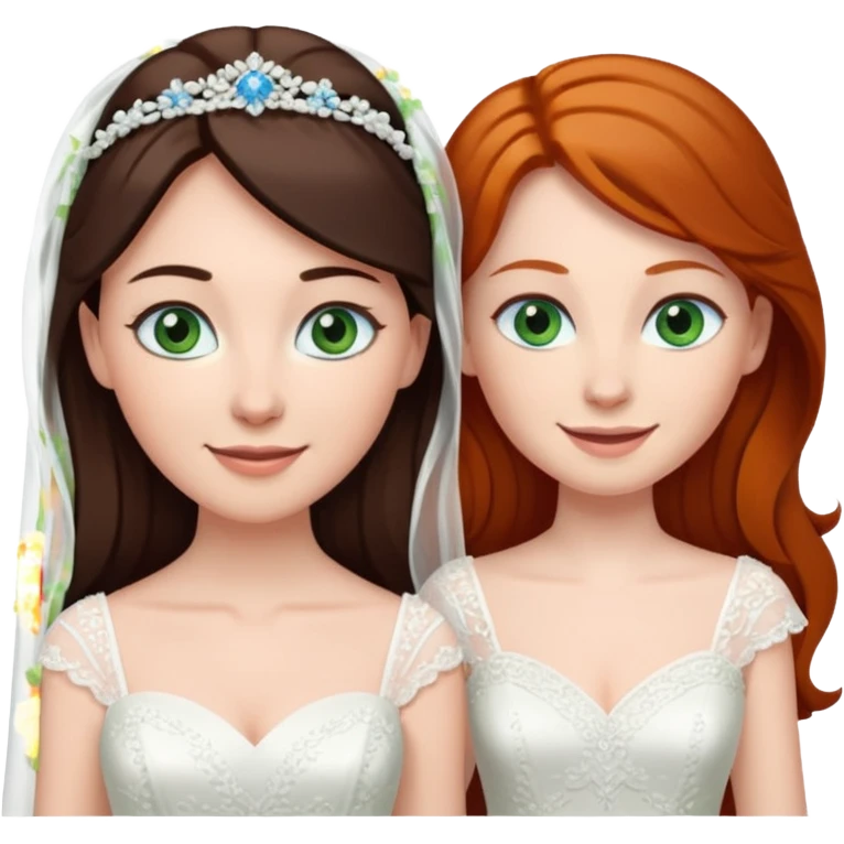A tall, pale woman with very dark brown hair and green eyes marrying a shorter ginger woman with blue eyes, both in wedding dresses. emoji