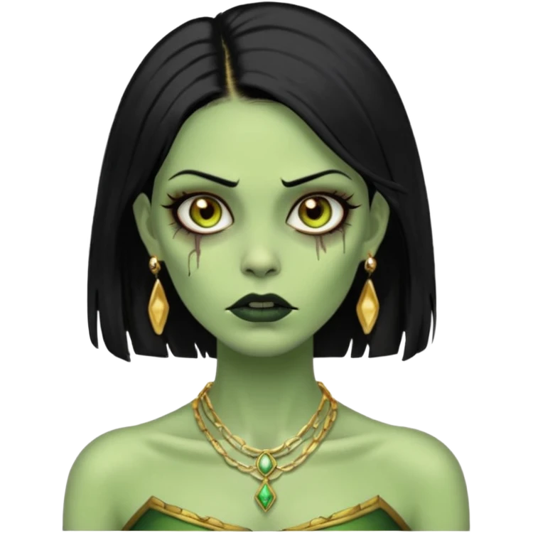 Faça uma zombie mulher bonita verde com olhos castanhos cabelos pretos partido ao meio liso, com estilo y2k e ouro emoji