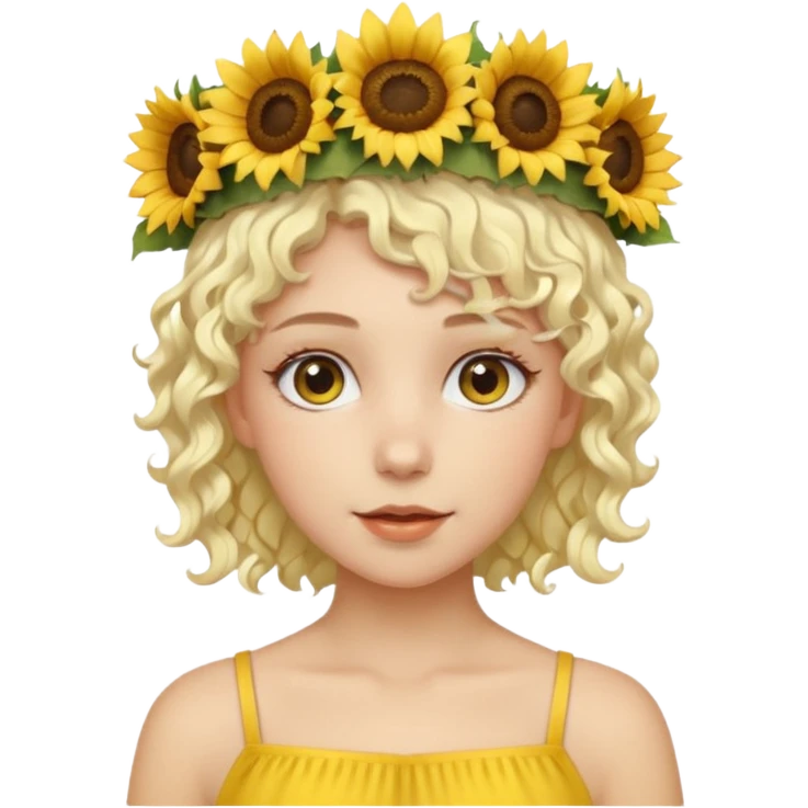 Fair skin female, short platinum-blonde curly hair, wearing a yellow sunflower crown. emoji