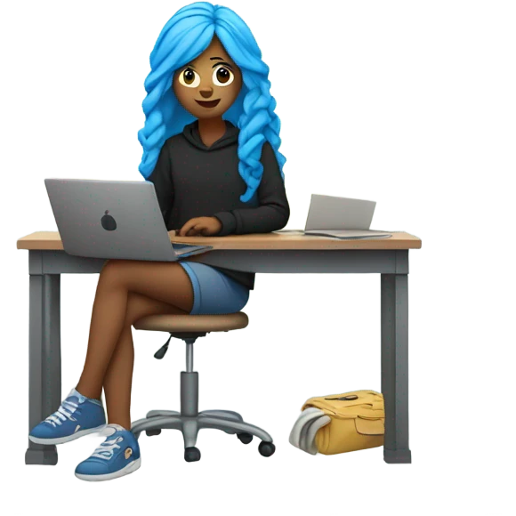 a girl with long blue hair in a black sweatshirt is sitting at a laptop emoji