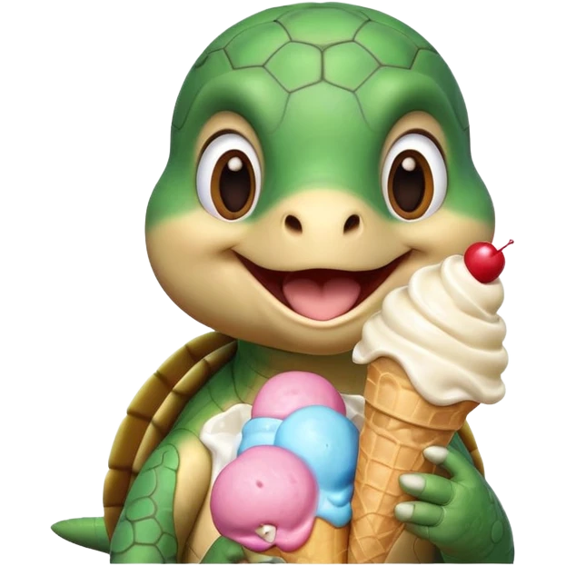 cute turtle portrait, head and shoulders only, licking an ice cream cone, funny happy expression, 3D cartoon, mobile game icon style, clean background, no text, no watermark
 emoji