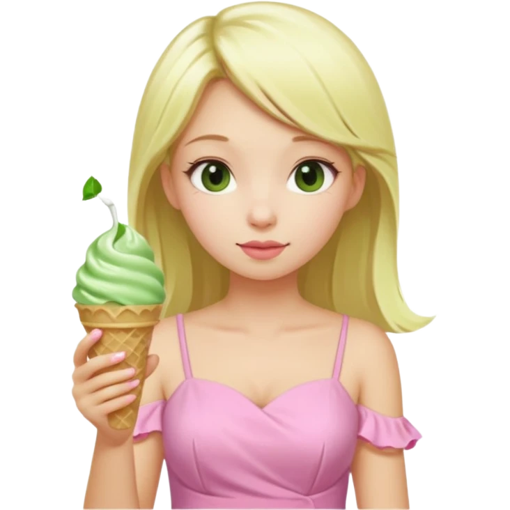 girl blonde long hair in pink dress,  eating matcha ice cream emoji