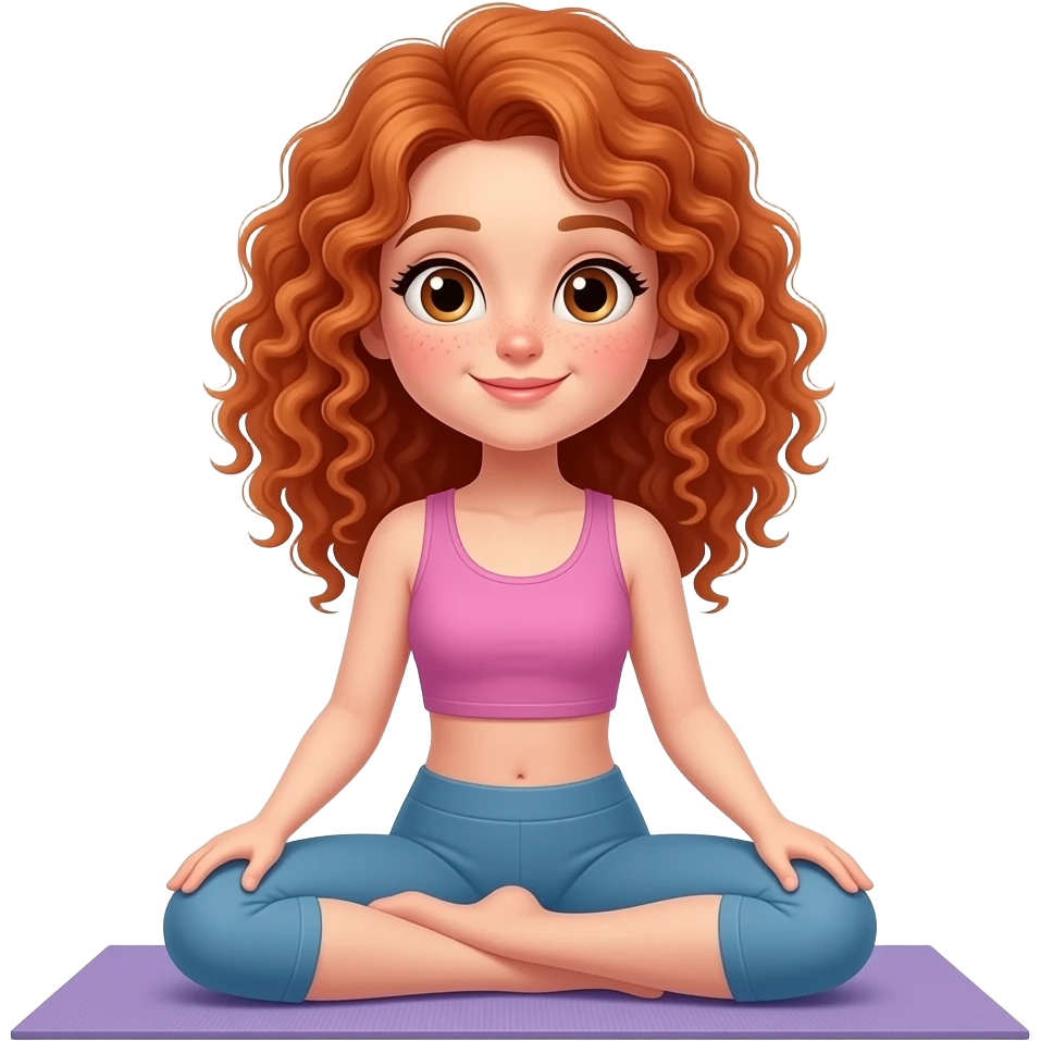Fille rousse bouclés tâches de rousseur yoga emoji