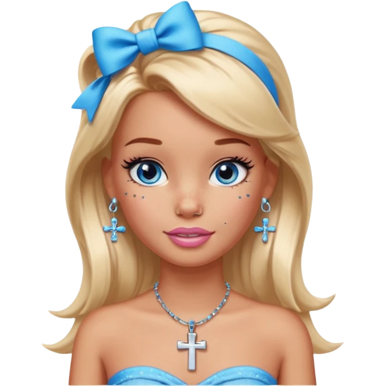 Barbie emoji with earrings and nose piercings and a cross necklace and blue eyes with bow in hair and tube top and long lashes with freckles  emoji