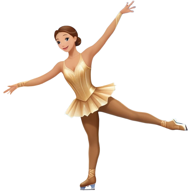 An icon featuring a graceful figure skater performing a spin on the ice. The background includes a grand ice rink palace with shining spotlights and cheering spectators in the stands. Transparent background highlights the elegance and artistry of figure skating emoji
