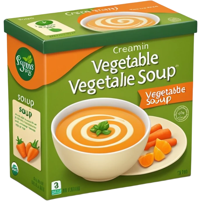 rectangular carton of vegetable soup with green and orange color scheme, screw cap, front shows swirl of creamy orange soup and subtle vegetable imagery, no branding or text, upright clean shape, shelf-stable packaging, soft lighting, subtle shadows, emoji scale emoji