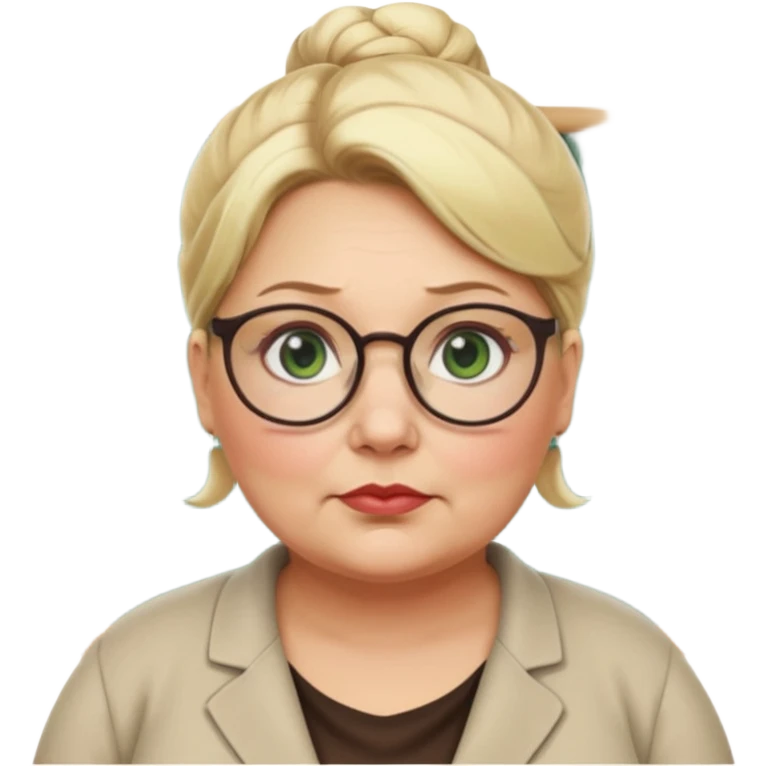 older teacher a little overweight with blonde bun green eyes and glasses full lips emoji