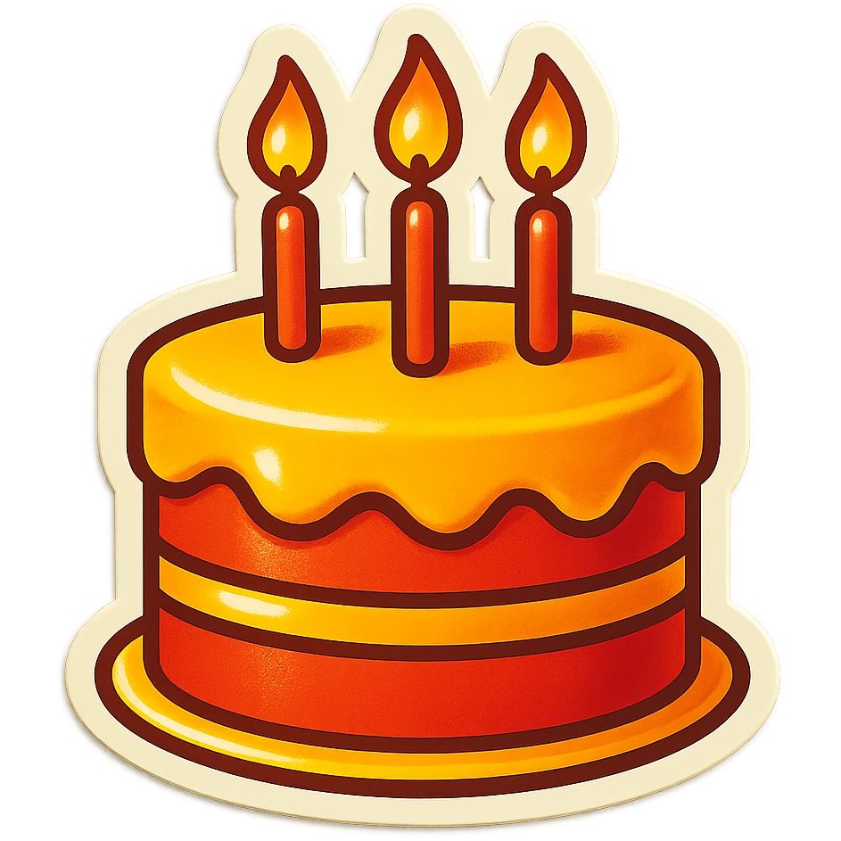 large red and yellow birthday cake with three candles, festive, bright, no background emoji