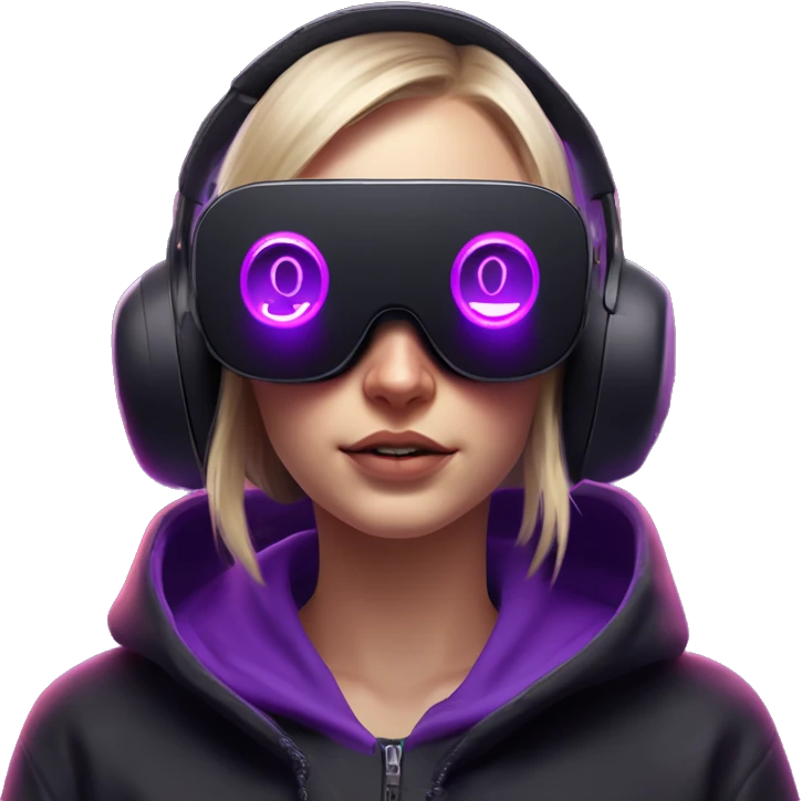 Russian girl wearing black hoody with violet letters "OMG", in vr headset oculus quest2. No eyes on headset. Cyberpunk style. Violet neon. emoji