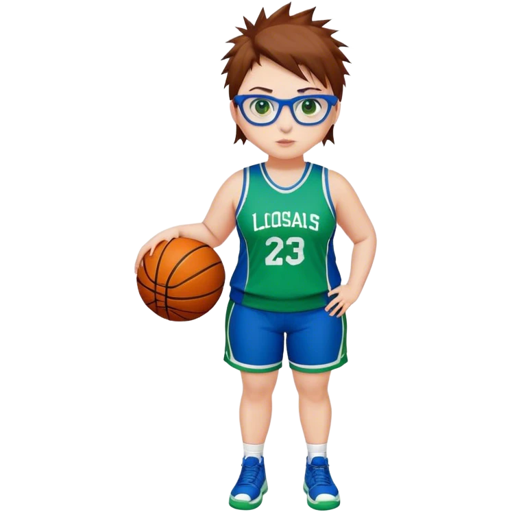 Full Body white plus size Girl with basketball spikey short brown HAIR wearing blue glasses with green eyes wearing blue and green basketball uniform PLAIN emoji
