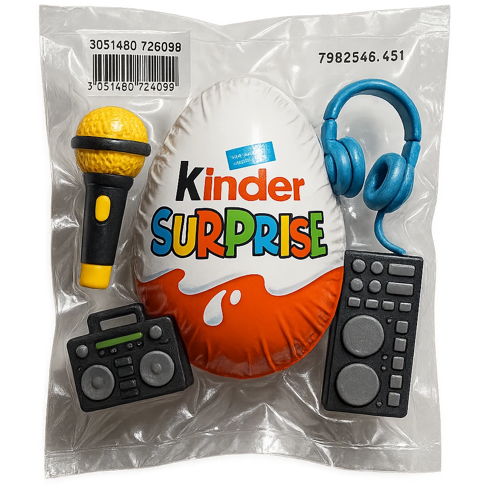 Kinder Surprise egg with wrapper, next to toys including microphone, boombox, headphones, DJ controller, glossy vacuum-sealed style emoji