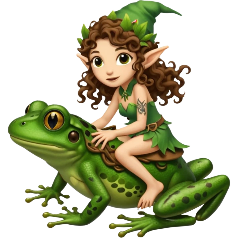 tiny forest elf long curly brown hair tattoos riding frog emoji