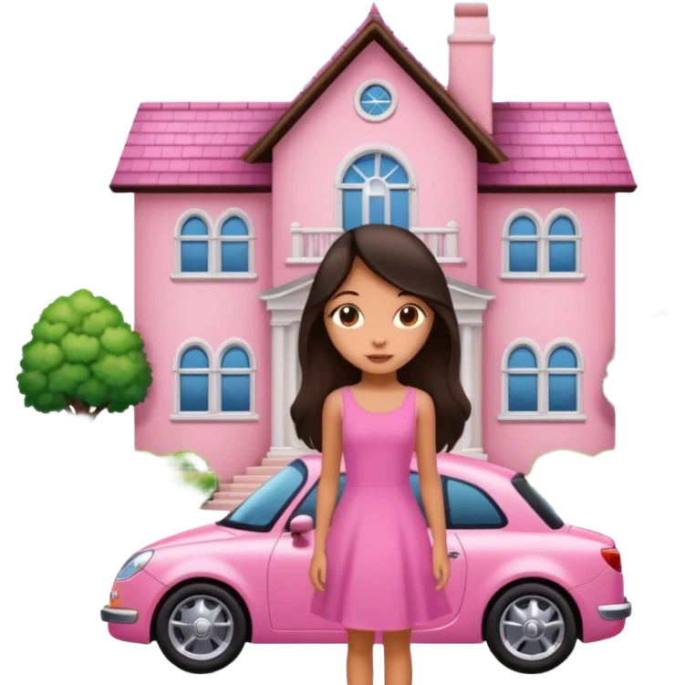 Девушка с тёмными длинными волосами и смуглой кожей сидит в красивой розовой машине на фоне большого дома emoji