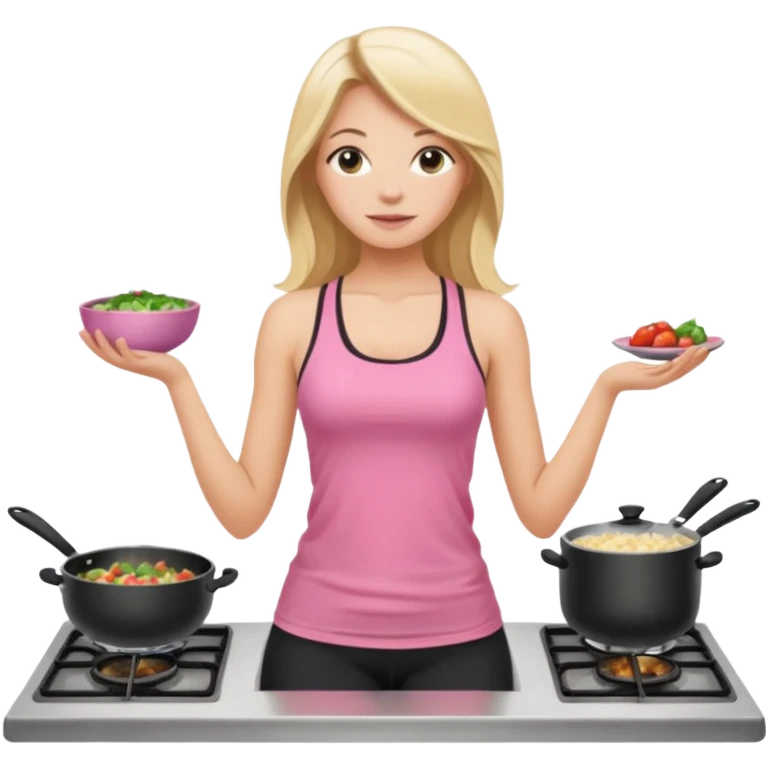 Render from knees up, view from the back, fair skinned woman, thin, long blond hair, cooking dinner in kitchen, pink loose tank top, showing natural B cup breast shape SFW, black yoga pants, perfect booty emoji