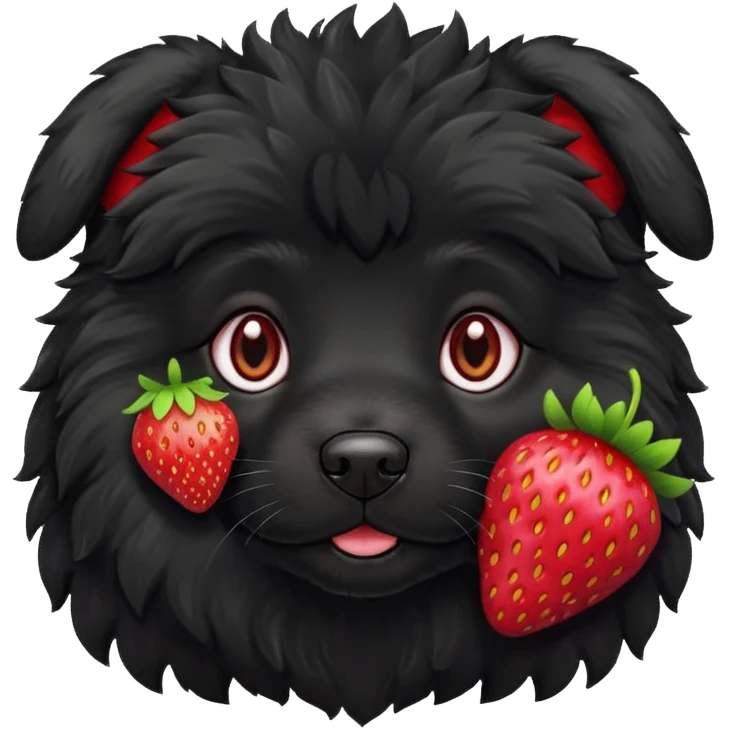 A black fluffy dog with a strawberry emoji