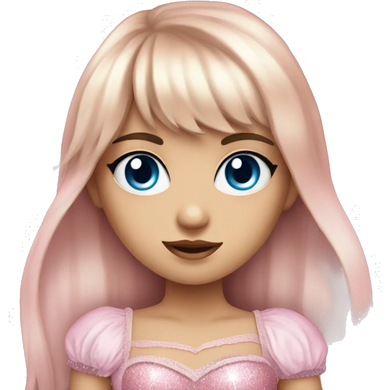 A girl with long hair and fringe bangs who has blue eyes wearing a pink corset with a sparkly cut out in the middle emoji