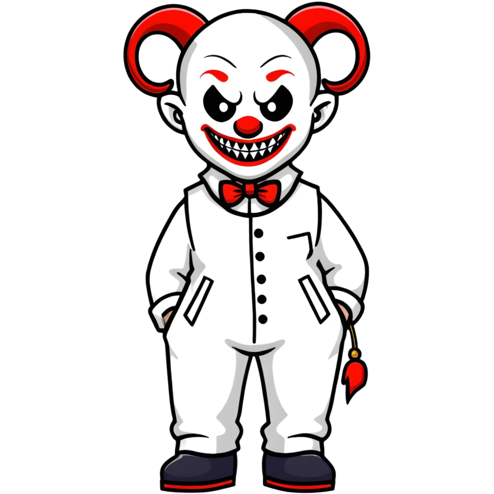 full-body demonic clown in a white leisure suit with bellbottom pants, bald, black ram horns, wearing elevator shoes emoji