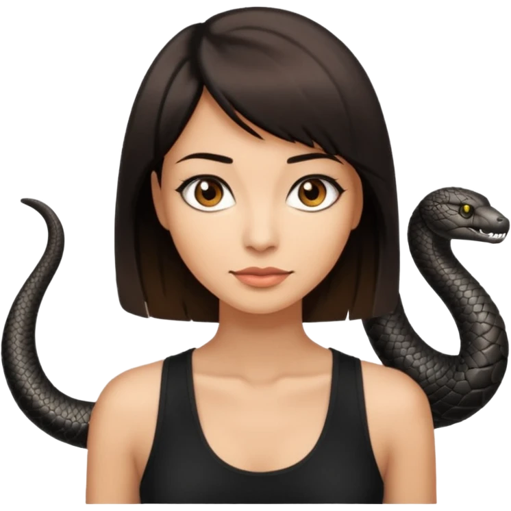 Femme brune yeux marron avec une coupe carré noir qui descend sur l'épaule , femme couleur de peau typé, avec un cobra a côté , débardeur noir emoji