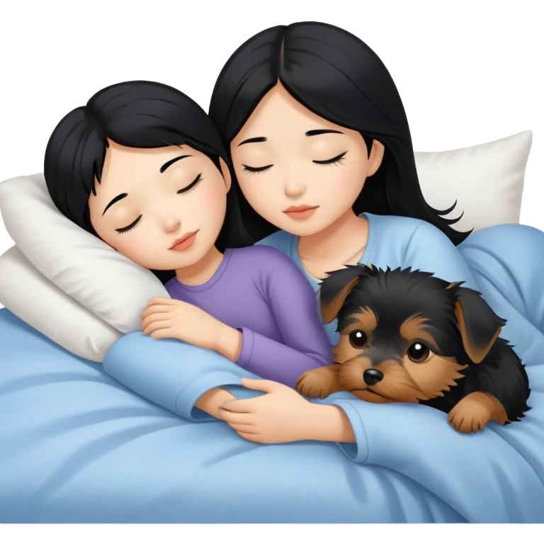 pretty asian girl with black hair sleeping in bed with small yorkshire terrier emoji