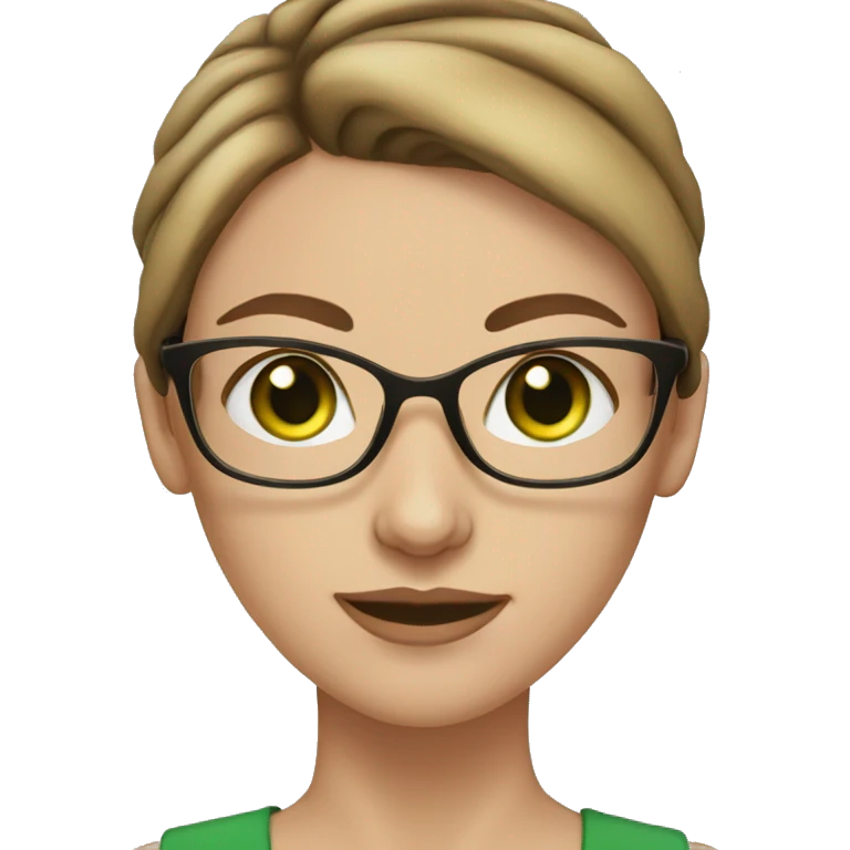 white skin woman with brown hair bun with green eyes and glasses emoji