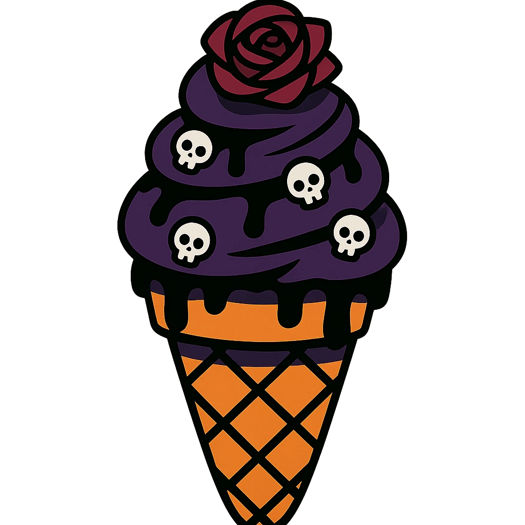 Gothic ice cream with black chocolate drizzle, tiny skull sprinkles, and a dark rose on top, no background, in a vibrant toon style. emoji