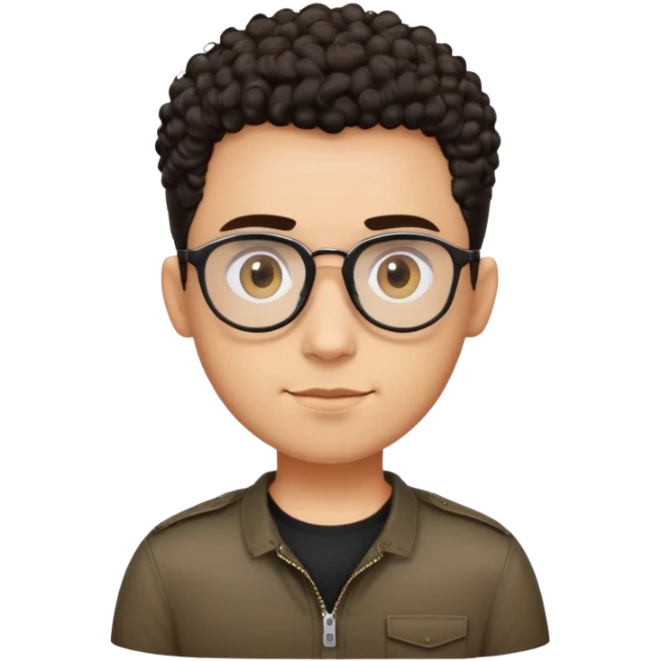 Man with small oval face and big forehead, aviator-style glasses, very short dark curly hair with skin fade (no hair on sides), neutral-friendly expression, light brown skin, wearing a black shirt emoji