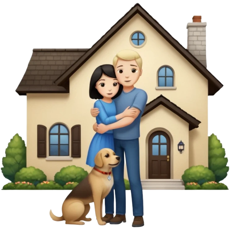 Девушка с тёмными короткими волосами стоит на фоне большого дома рядом с ней стоит мужчина со светлыми волосами обнимаются и рядом собака emoji
