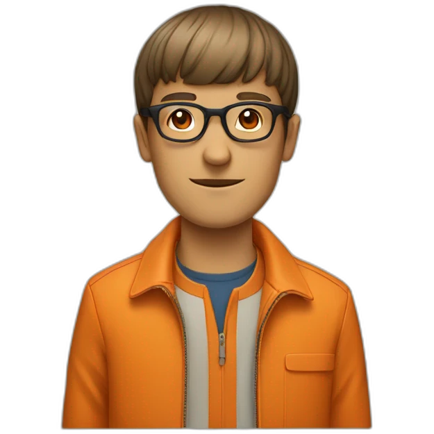 a man with a bowl cut brown squar glasses, a orange jacket emoji