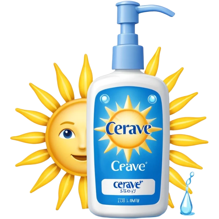 White CeraVe bottle with blue label and yellow “AM” badge, topped with a pump. Surrounded by radiant sun sparkles, soft UV-deflecting light rings, and a blue protective glow. Feels like a daytime skin shield potion in a sleek, glossy bottle. emoji