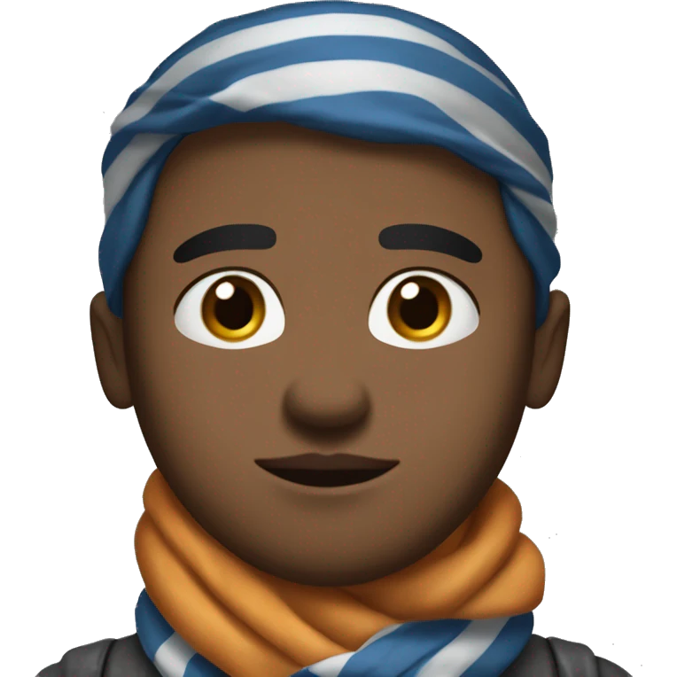 Round-faced character with a serious, slightly annoyed expression, medium brown skin, thick flat eyebrows, full closed lips, and a blue-gray striped neck scarf. Calm but determined vibe. emoji