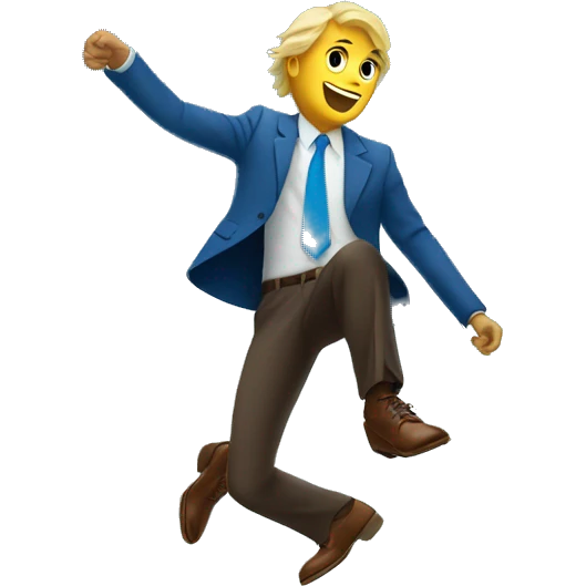 Blonde man in blue suit and brown shoes with money falling from sky emoji
