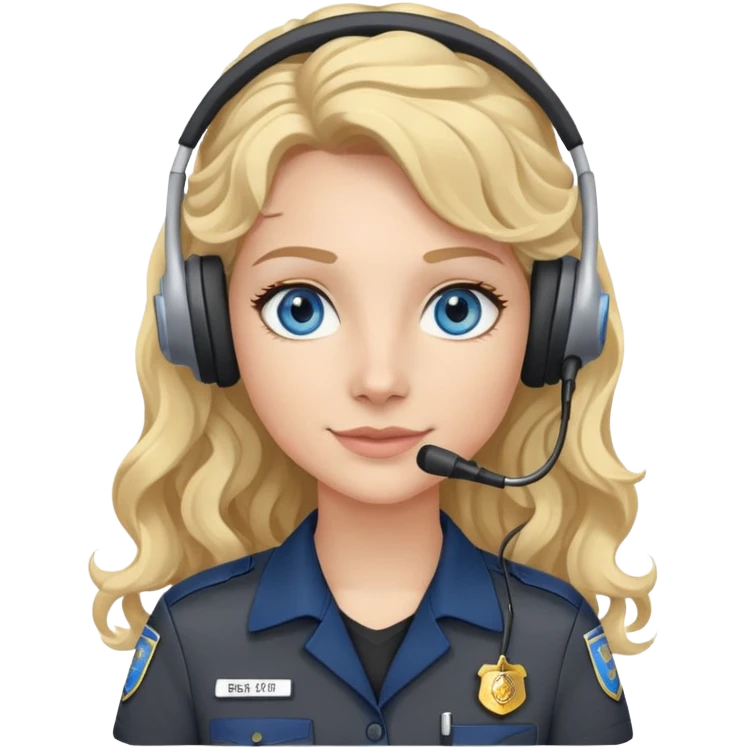 911 dispatcher dark gray uniform, blue eyes, long curly blonde hair, head set emoji