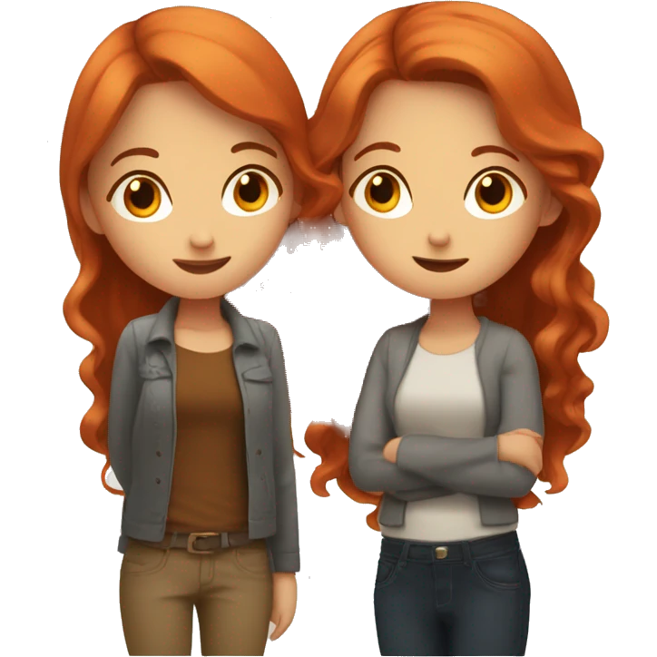 2 girls, one with red hair one with brown, standing next to each other and one is whispering in the others ear emoji