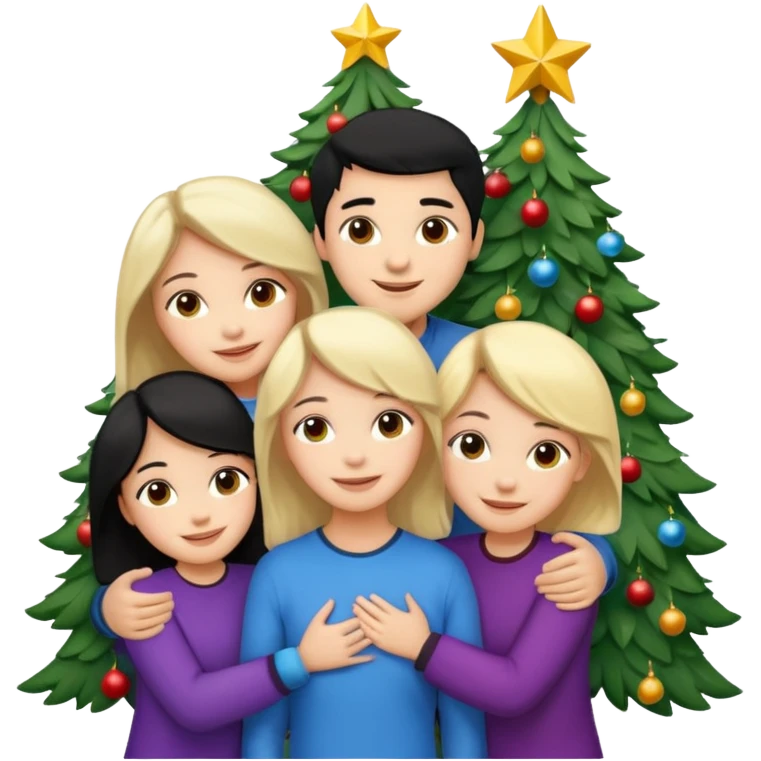 Generate Christmas-style emojis  family. Where light-skinned people stand near the tree all together, hugging and smiling.  girl should be Light-haired woman, woman, black-haired woman, and 1 man . Add 4 people: Mother, Sister, Sister, Brother  emoji