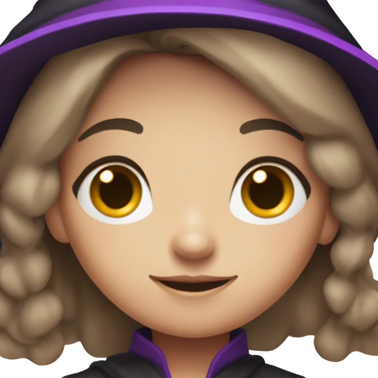 a young white thin girl with straight brown hair and dark eyes dressed as a witch with purple hat emoji