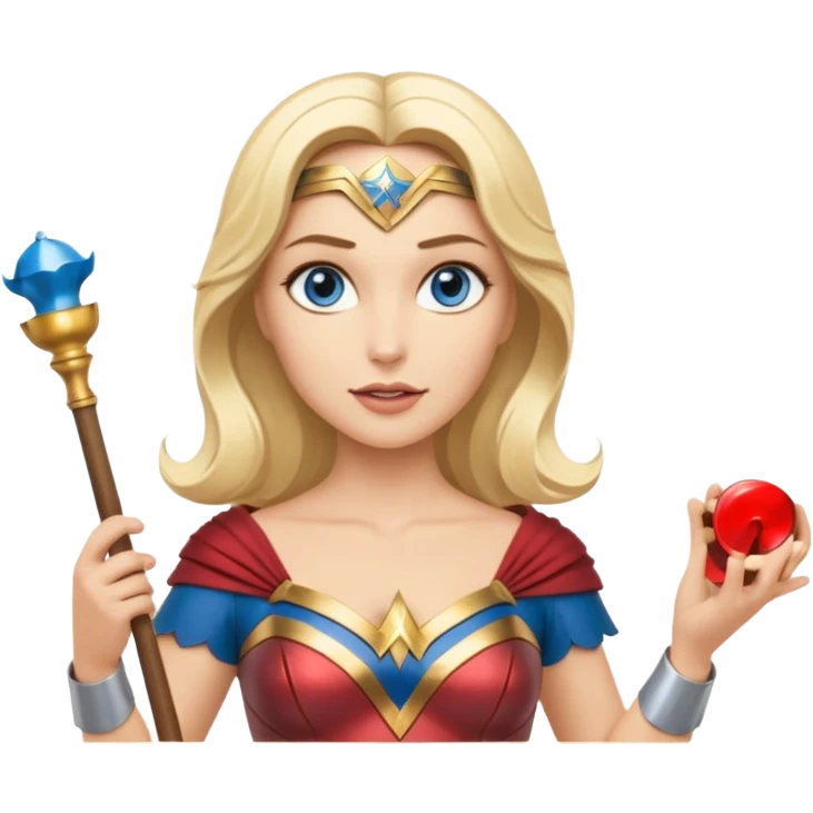 Blonde blue eyed Wonder Woman holding white orchestra conductor’s baton and bell  emoji