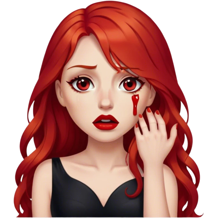 a crying woman with long red hair and red eyes. The woman wear a black little cutted dress. She have red lipstick and she have a seductive look. She cryed tears  emoji