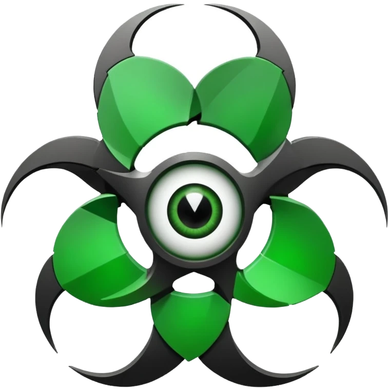 Minimalist emoji-style sticker of a fractured biohazard symbol with a small eye in the center. Stylized, geometric, no text.
 emoji