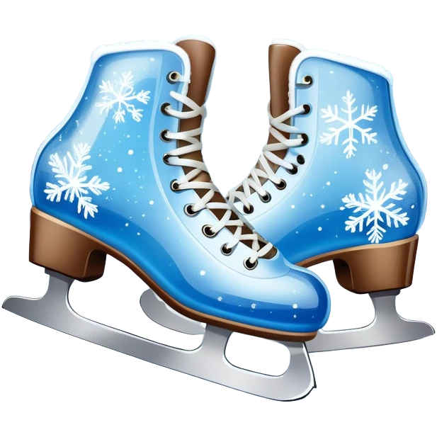 An icon showing In the background, twinkling lights, winter trees, and blue sky. a pair of elegant ice skates gliding across a smooth, frozen rink with snowflakes in the air. Transparent background highlights the grace and charm of ice skating. emoji