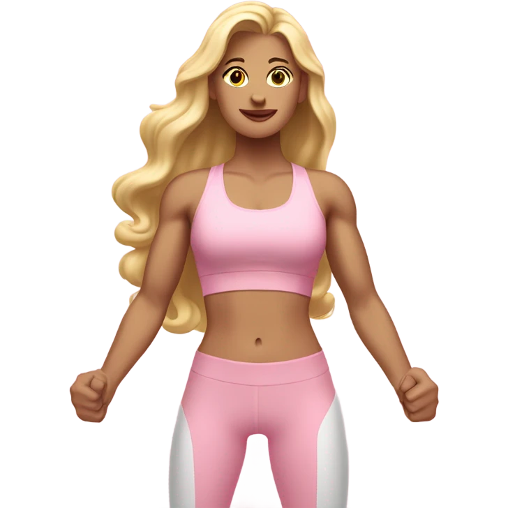 White woman, pale woman, long hair, blonde hair, wavy hair, baby pink sports bra, baby pink leggings, flexing right arm emoji