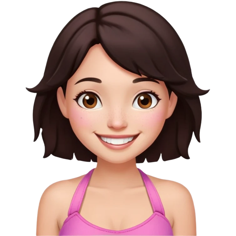 fairy woman, dark brown bob, brown cheek freckles, big smile, pink halter top emoji