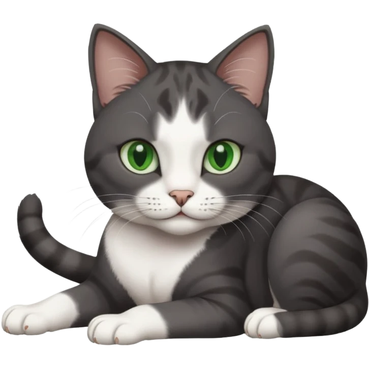 beautiful female solid dark grey cat with green eyes, white toes/paws and white patch on her chest rolling over emoji