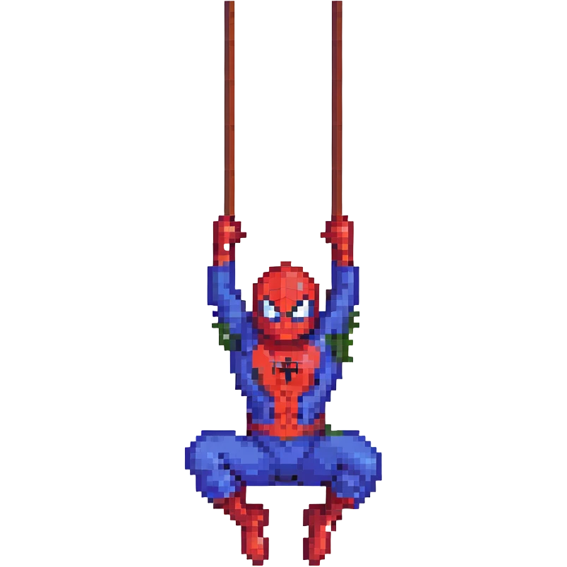 Spiderman as a pixel art character, simple and retro, swinging on a web emoji